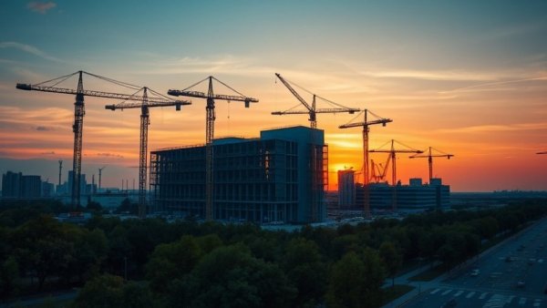Expansive construction site with cranes at sunset for home remodeling service near me.
