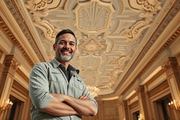 artisan plastercraft, proud and satisfied, finishing a decorative ceiling design, photorealistic, grand hall with intricate woodwork, highly detailed, flecks of plaster visible, high-resolution, warm beige and grey color palette, ambient soft lighting, shot with an 85mm lens.