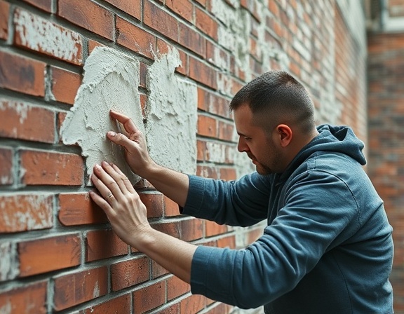 skillful plasterwork, intense concentration, smoothing out the plaster on a brick wall, photorealistic, urban renovation site, highly detailed, small debris falling, crisp sharpness, muted colors, side lighting, shot with a 35mm lens.