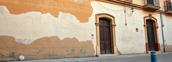 traditional plastering, calm expertise, repairing an old stucco facade, photorealistic, historic building with weathered details, highly detailed, paint chips on the ground, ultra-wide angle, earthy tones, early morning light, shot with a 24mm lens.