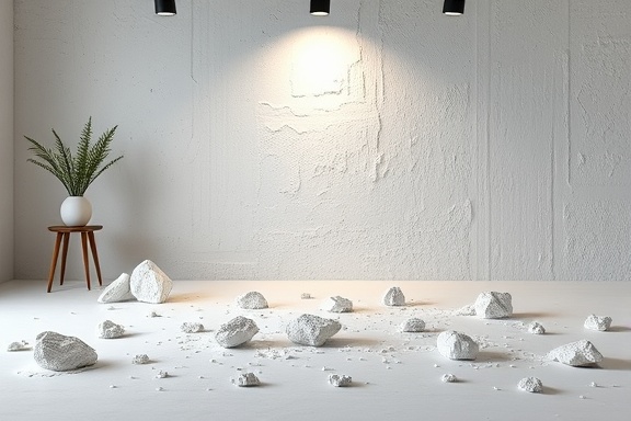 innovative plastercraft, inspired creativity, designing modern stucco textures, photorealistic, contemporary studio with minimalist decor, highly detailed, plaster samples scattered, high clarity, monochromatic theme, LED spotlight, shot with a 100mm lens.