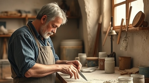 seasoned stucco artisan, steady hand, blending plaster seamlessly, photorealistic, old-world workshop filled with tools, highly detailed, slight patina of plaster dust, vivid clarity, classic sepia hues, window light, shot with a 70mm lens.