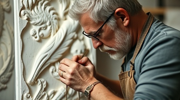 dedicated plasterer, intense focus, crafting a plaster relief, photorealistic, artisan studio with carvings on display, highly detailed, fine lines and shadows, macro level detail, chalky whites and shadows, studio lighting, shot with a 150mm macro lens.