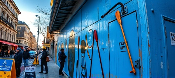 intricate exterior paint, displaying precision, meticulously brushed, photorealistic, bustling urban street with passersby, highly detailed, sun glinting off wet paint, Sony A7R IV with FE 16-35mm f/2.8 GM lens, blue, noon sunlight, shot with a fisheye lens.