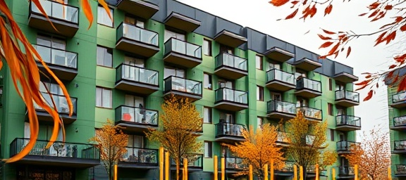 sleek exterior paint, radiating professionalism, expertly rolled, photorealistic, modern apartment complex in autumn, highly detailed, wind swirling leaves, Nikon Z7 with NIKKOR Z 14-30mm f/4 S lens, green, overcast, shot with a standard zoom lens.