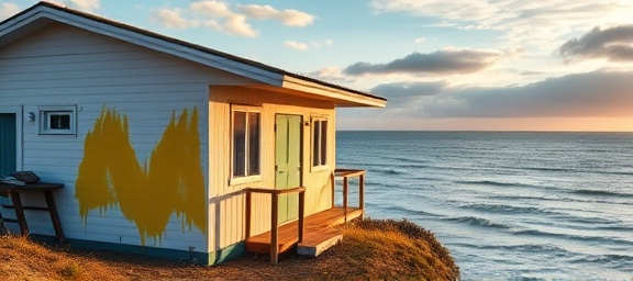 artistic exterior paint, expressing creativity, dynamically sprayed, photorealistic, coastal house overlooking the ocean, highly detailed, sea breeze affecting paint flow, Fujifilm GFX 100 with GF32-64mmF4 R LM WR lens, yellow, golden hour, shot with a macro lens.