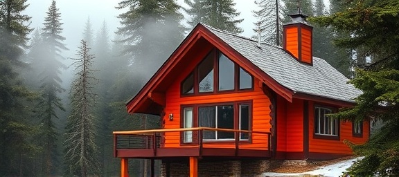 vibrant exterior paint, reflecting skill, carefully touched up, photorealistic, mountain cabin surrounded by pine trees, highly detailed, fog partially obscuring view, Panasonic S1R with Lumix S 24-105mm f/4 MACRO O.I.S., orange, muted daylight, shot with a telephoto lens.