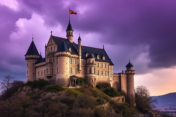 intriguing exterior paint, demonstrating mastery, smoothly blended, photorealistic, medieval castle on a hilltop, highly detailed, storm clouds gathering, Olympus OM-D E-M1X with M.Zuiko Digital ED 12-100mm f/4 IS PRO Lens, purple, dramatic lighting, shot with a prime lens.