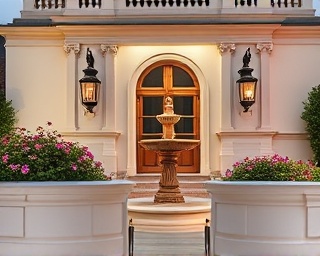 classic exterior paint, showcasing finesse, evenly distributed, photorealistic, historic mansion with a fountain, highly detailed, gently swaying flowers, Leica SL2-S with Vario-Elmarit-SL 24-70mm f/2.8 ASPH lens, beige, soft twilight glow, shot with a tilt-shift lens.