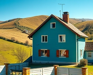 striking exterior paint, exuding craftsmanship, robustly applied, photorealistic, quaint village house amidst rolling hills, highly detailed, birds fluttering nearby, Canon EOS 5D Mark IV with EF 70-200mm f/2.8L IS III USM lens, teal, crisp afternoon sunlight, shot with a portrait lens.