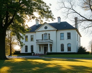 elegant exterior paint, highlighting talent, glaze finished, photorealistic, regal estate in countryside, highly detailed, trees casting shadows, Hasselblad X1D II 50C with XCD 45mm f/3.5 lens, cream, soft morning mist, shot with a panoramic lens.