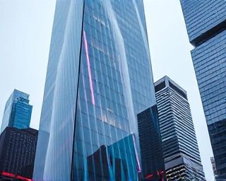 modern exterior paint, illustrating innovation, vividly sprayed, photorealistic, futuristic skyscraper within cityscape, highly detailed, reflections on glass surface, Pentax K-1 Mark II with HD PENTAX-D FA 15-30mm f/2.8 ED SDM WR lens, silver, neon city lights, shot with a cinematic lens.