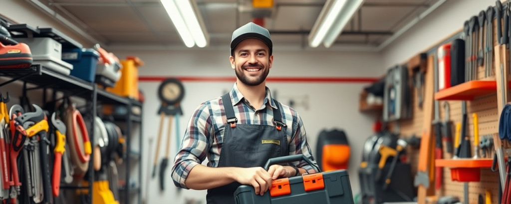 modern handyman service, smiling professional ready to start work, holding a toolbox, photorealistic, a neat suburban garage space, highly detailed, tools neatly organized on racks and shelves, realistic shadows and contrasts, vibrant colors, natural lighting from overhead fluorescent lights, shot with a 35mm prime lens.