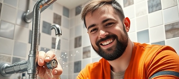 modern plumbing maintenance, satisfied expression, checking a leak, photorealistic, in a brightly lit bathroom with tiled walls, highly detailed, water droplets splashing, macro shot, vibrant hues, direct sunlight, shot with a 100mm macro lens.
