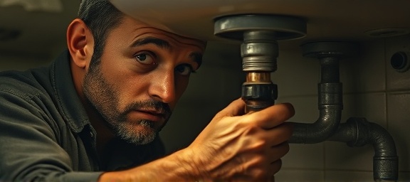vintage plumbing repair, determined expression, tightening a pipe joint, photorealistic, under a dimly lit sink with exposed pipes, highly detailed, sweat on brow, gritty focus, sepia tones, diffused artificial lighting, shot with a 35mm lens.