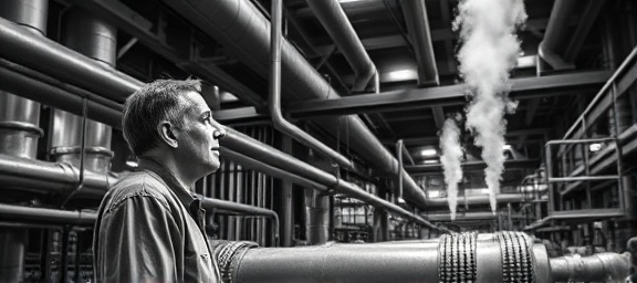 industrial plumbing pipes, contemplative expression, examining pipe network, photorealistic, in a factory setting with metal beams and platforms, highly detailed, steam issuing from vents, panoramic view, monochrome, harsh industrial lighting, shot with a wide-angle lens.
