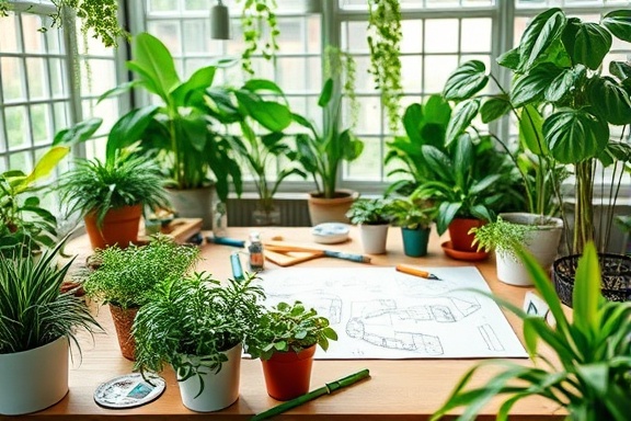 sustainable plumbing solutions, innovative expression, designing eco-friendly systems, photorealistic, in a green workshop filled with plants, highly detailed, sketches on table, vibrant greens, natural daylight, shot with a tilt-shift lens.