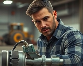 large-scale plumbing tools, focused expression, operating a pipe cutter, photorealistic, on a construction site with machinery in the background, highly detailed, dust particles floating, action-packed, muted colors, spotlight effect, shot with a 24-70mm zoom lens.