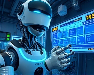 robotic plumbing maintenance, curious expression, programming a repair drone, photorealistic, in a futuristic lab with holographic displays, highly detailed, wires and circuits, reflective surfaces, neon blue glow, shot with a fisheye lens.