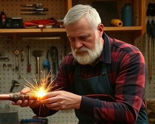 traditional plumbing repair, dedicated expression, soldering a copper pipe, photorealistic, in a cozy workshop with wooden shelves filled with tools, highly detailed, sparks flying, warm tones, candlelight simulation, shot with a 85mm prime lens.