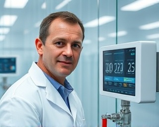 advanced plumbing solutions, analytical expression, testing water pressure, photorealistic, in a sleek laboratory setting with glass walls, highly detailed, data screens displaying readings, high-tech ambiance, sterile white, lab lighting, shot with a 50mm lens.