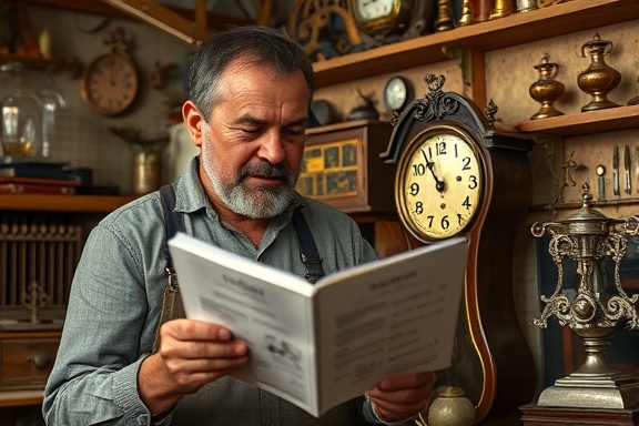 expert handyman, expression of satisfaction, repairing a vintage clock, photorealistic, in a cluttered workshop filled with antique items, highly detailed, with a gentle draft lifting a page of a work manual, manual focus, warm hues, ambient light, shot with an 85mm lens.
