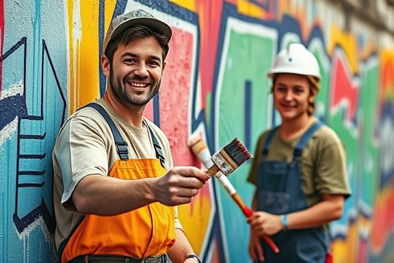 team handyman, cheerful teamwork, painting a colorful mural, photorealistic, against an urban wall with graffiti art, highly detailed, paint splashes and drips being caught in motion, focused and intentional blur, vivid color palette, natural daylight, shot with a 24-70mm lens.