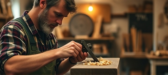 handyman skills, focused determination, shaving wood with a plane, photorealistic, in a cozy garage converted to a workshop, highly detailed, small wood shavings curling and falling, shallow depth of field, earthy tones, soft candle-like light, shot with a 105mm lens.