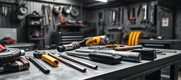 handyman tools, an array of expertise, scattered on a workbench, photorealistic, in an industrial workspace with steel surfaces, highly detailed, with metal shavings reflecting light, high-definition textures, monochrome color scheme, backlit with fluorescent light, shot with a 50mm lens.