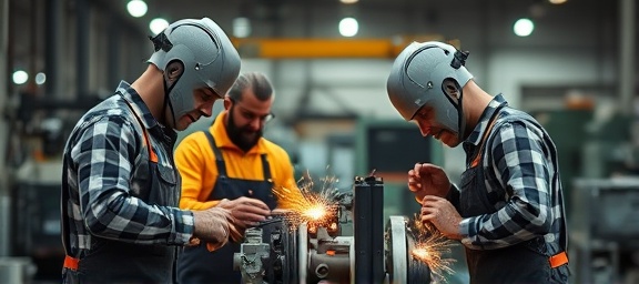 handyman team, harmonious collaboration, assembling a complex machine, photorealistic, in a modern factory setting with large machinery, highly detailed, sparks softly flying from welding, hyperfocal distance, industrial gray tones, spotlight focus, shot with a 70-200mm lens.