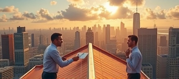 innovative roofing solutions, thoughtful expression, inspecting roof structure, photorealistic, a bustling cityscape with skyscrapers, highly detailed, clouds gently moving, f/1.8, warm tones, golden hour lighting, shot with a 35mm lens