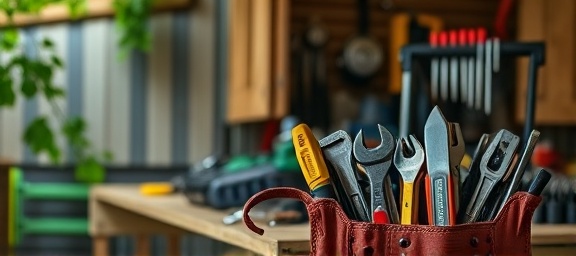assorted repair tools, meticulous expression, organizing in toolbelt, photorealistic, a neatly arranged workbench in a garden shed, highly detailed, leaves rustling outside, f/11, solid colors, diffused lighting, shot with a macro lens