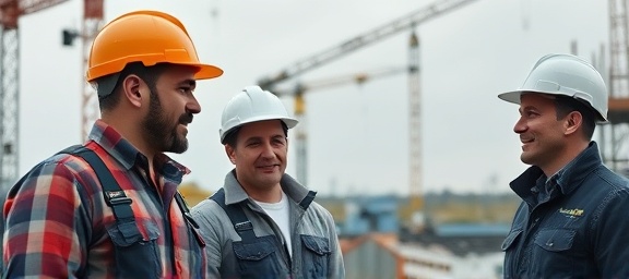 experienced roofing contractors, cooperative expression, discussing project, photorealistic, a construction site with cranes and scaffolding, highly detailed, winds blowing gently, ISO 400, muted colors, overcast day, shot with a 24mm lens