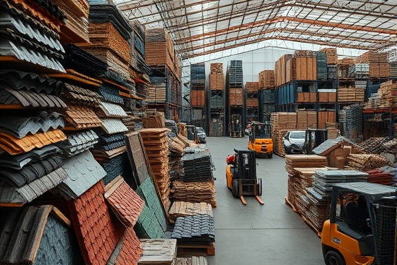 varied roofing materials, curious expression, examining textures, photorealistic, a warehouse full of building supplies, highly detailed, forklifts moving, f/16, earthy tones, artificial light, shot with a 85mm lens