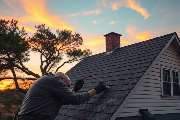 meticulous roofing repair, concentrated expression, sealing leaks, photorealistic, on a two-story house beneath the sunset sky, highly detailed, trees swaying in the wind, ISO 200, pastel colors, evening lighting, shot with a 28mm lens