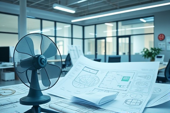 efficient roofing solutions, confident expression, planning layout, photorealistic, a modern office with blueprints spread out, highly detailed, papers fluttering from fan, f/2.2, cool colors, fluorescent lighting, shot with a 50mm lens