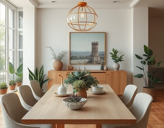 meticulous interior design painting, capturing design harmony, decorating with precision, photorealistic, within a minimalist dining area adorned with elegant succulents, highly detailed, gentle brushwork, HDR quality, calm neutral colors, ambient soft lighting, shot with a Sony 85mm f/1.4 lens.