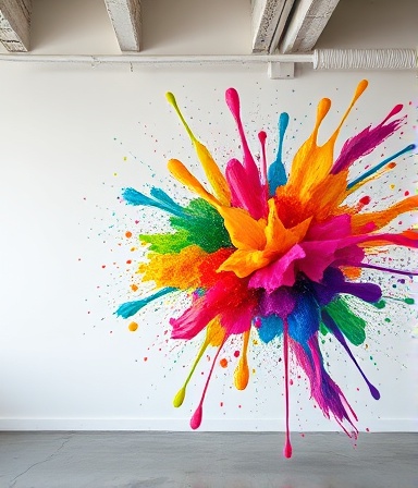 colorful painting colors, vibrant energy, splashing creativity, photorealistic, set against a plain white wall in a contemporary loft, highly detailed, dynamic color contrasts and textures, 12K resolution, rainbow spectrum colors, overhead studio lighting, shot with a Fujifilm 56mm f/1.2 lens.