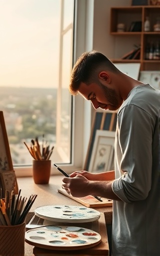 professional painting tools, focused craftsmanship, arranging methodically, photorealistic, in a sun-drenched artist studio overlooking a cityscape, highly detailed, paintbrushes and palettes meticulously organized, 6K resolution, earthy tones, afternoon natural light, shot with a Leica 35mm f/2 lens.