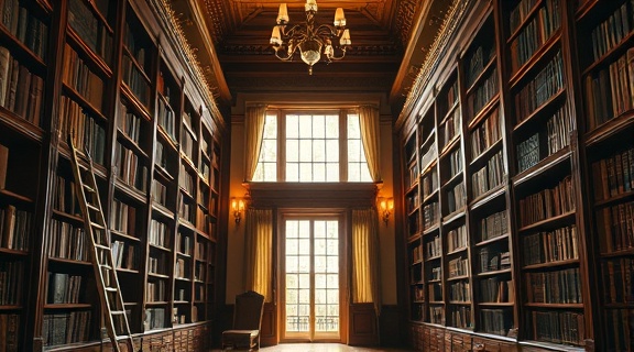 sophisticated interior painting, evoking elegance, enhancing ambiance delicately, photorealistic, within a vintage library with tall bookshelves and a ladder, highly detailed, layered paint application, 10K resolution, rich mahogany and brass colors, warm yellow lighting, shot with a Sigma 24-35mm f/2 lens.