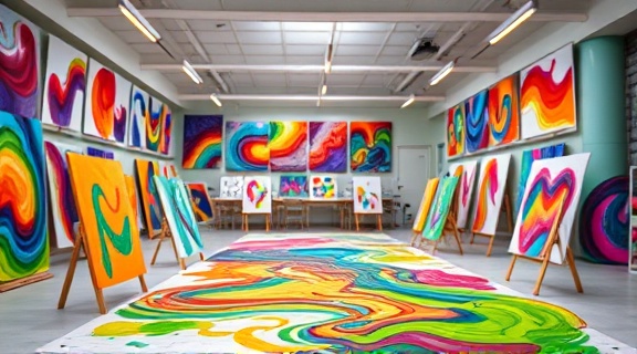 innovative painting colors, fostering creativity, blending hues seamlessly, photorealistic, in a spacious art classroom filled with student artworks, highly detailed, swirling paint mediums, 5K resolution, vivid jewel tones, bright fluorescent lighting, shot with a Zeiss 100mm f/2 lens.