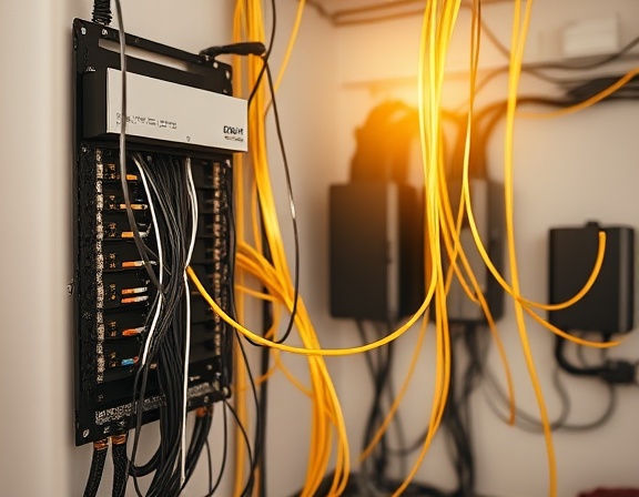 expert wiring, meticulous expression, connecting cables, photorealistic, home interior with visible panel boxes and neat cable runs, highly detailed, cables gently swaying, crisp lines, rich colors, warm afternoon sunlight, shot with a 50mm lens.