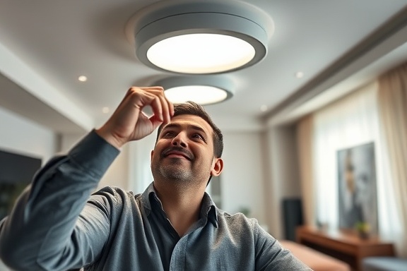expert lighting, concentrated expression, adjusting ceiling fixtures, photorealistic, in a modern apartment with sleek minimalistic decor, highly detailed, dynamic shadow play, sharp focus, neutral colors, diffused LED lighting, shot with a 24mm lens.