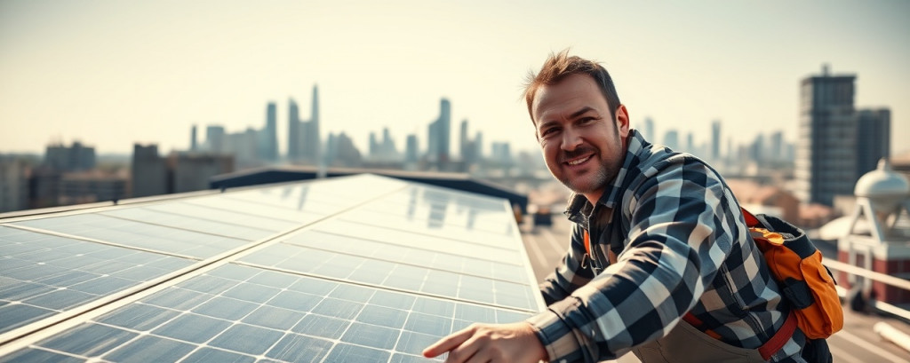 expert installation, confident expression, setting up solar panels, photorealistic, open rooftop with city skyline in the background, highly detailed, gentle breeze movement, high resolution, cool colors, bright midday sun, shot with a 70-200mm lens.