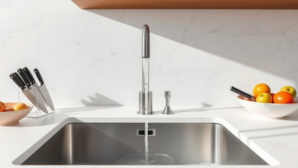 Modern kitchen sink with flowing water and fruit bowls, photorealistic.