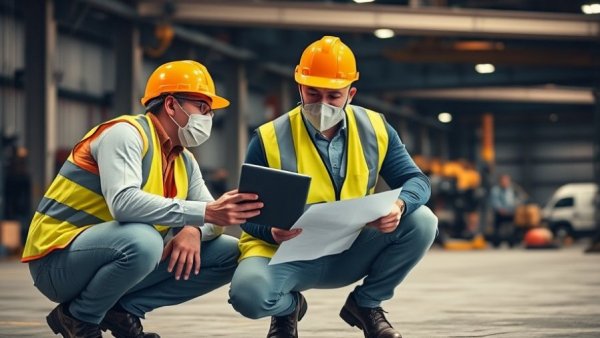 Construction workers in safety gear discussing plans in an industrial warehouse, contractors near me.