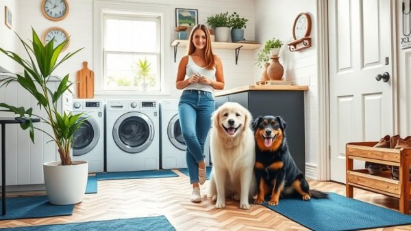 Laundry room with practical decor pieces, woman and dogs relaxing.