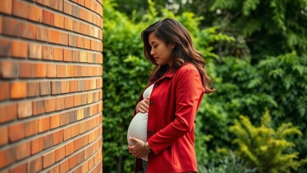 Woman in red jacket reflecting in outdoor setting, early pregnancy signs.