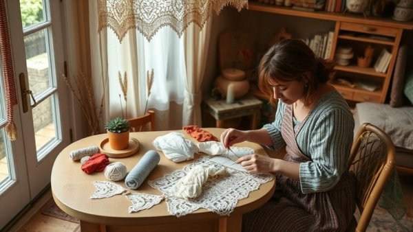 Cozy crafting activity with lace on a table, reminiscent of kitchen remodeling.