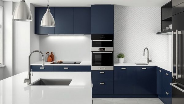 Eco-friendly kitchen with modern navy cabinets and white countertop.